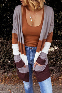 Open Front Colorblock Cardigan with Pockets