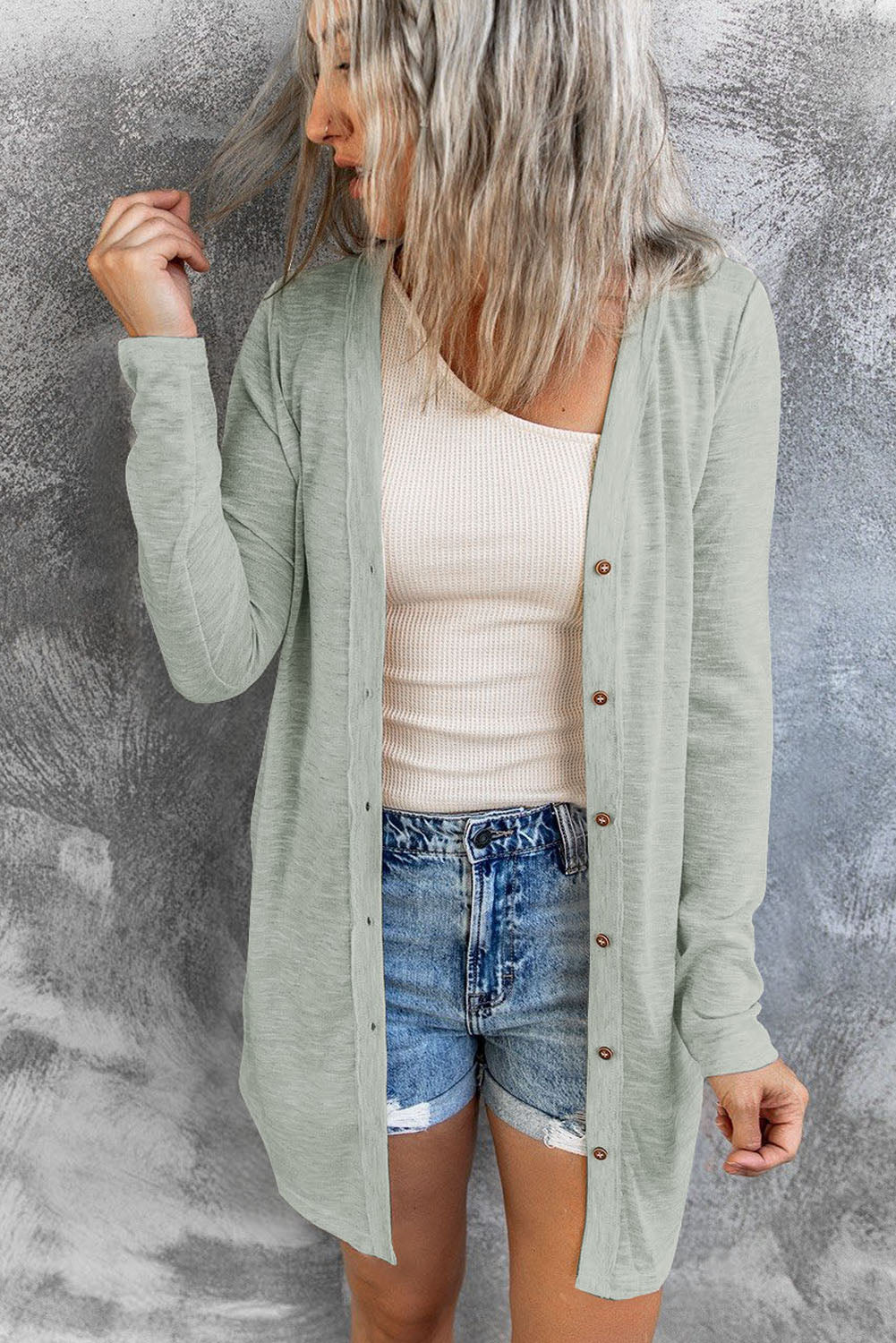 Solid Color Open-Front Button Cardigan