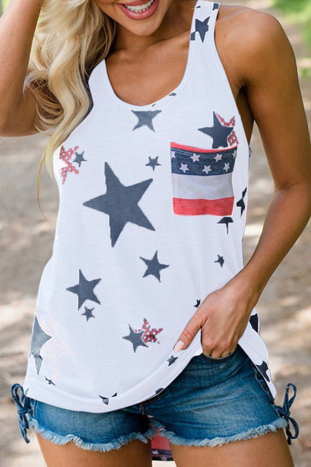 White Independence Day Star Print Tank Top