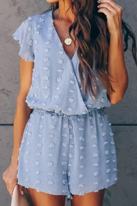 Sky Blue Deep V Neck Dot Texture Short Sleeves Romper