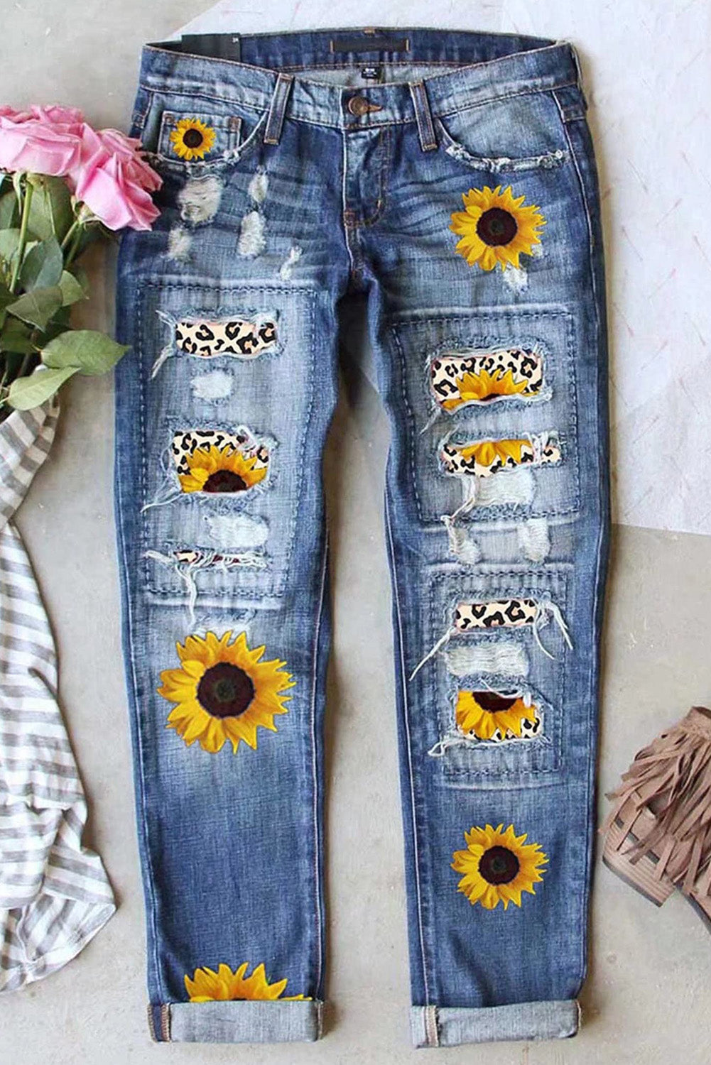 Sunflower Leopard Pattern Patchwork Distressed Jeans