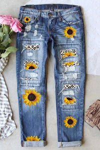 Sunflower Leopard Pattern Patchwork Distressed Jeans