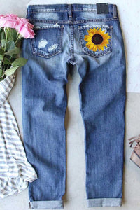 Sunflower Leopard Pattern Patchwork Distressed Jeans