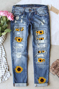 Sunflower Striped Patchwork Mid Rise Distressed Jeans