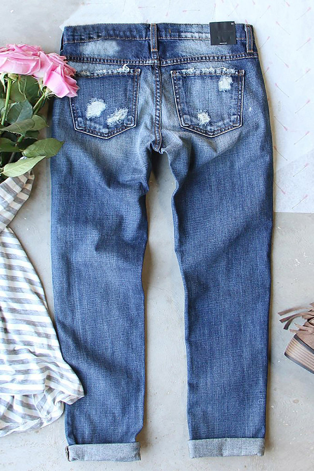 Sunflower Striped Patchwork Mid Rise Distressed Jeans