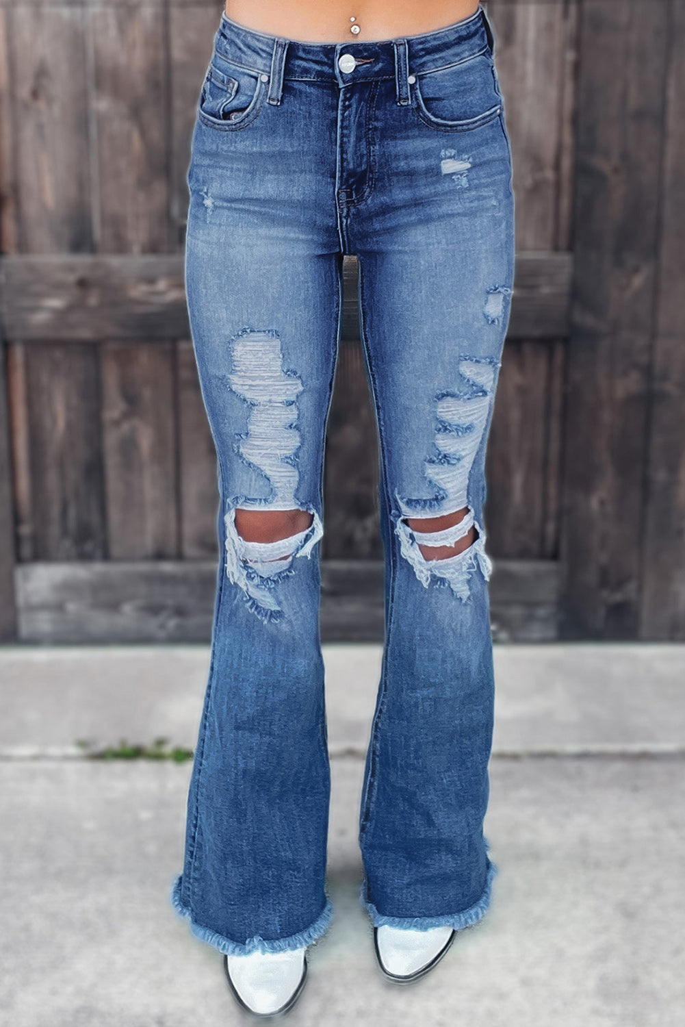 Sky Blue Distressed Raw Hem High Waist Flare Jeans