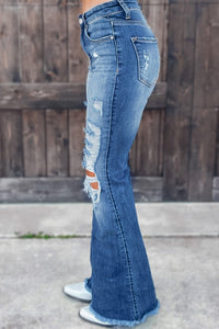 Sky Blue Distressed Raw Hem High Waist Flare Jeans