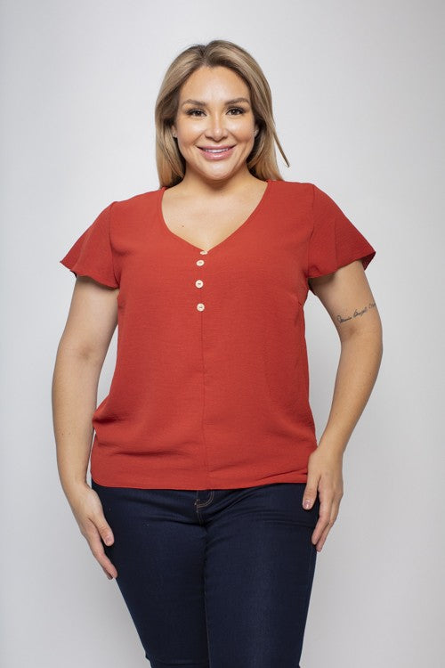 PLUS SIZE V NECK BUTTON TRIM BLOUSE